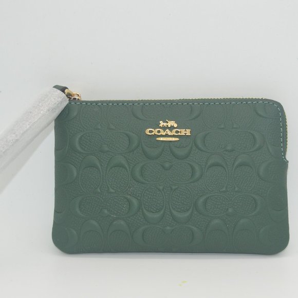 Coach Handbags - COACH Signature Leather Corner Zip Wristlet Everglade